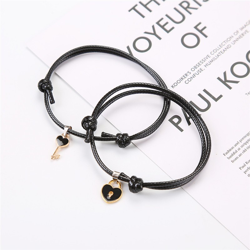 Gelang Couple Kunci Gembok Tali Hitam - Gantungan Pink