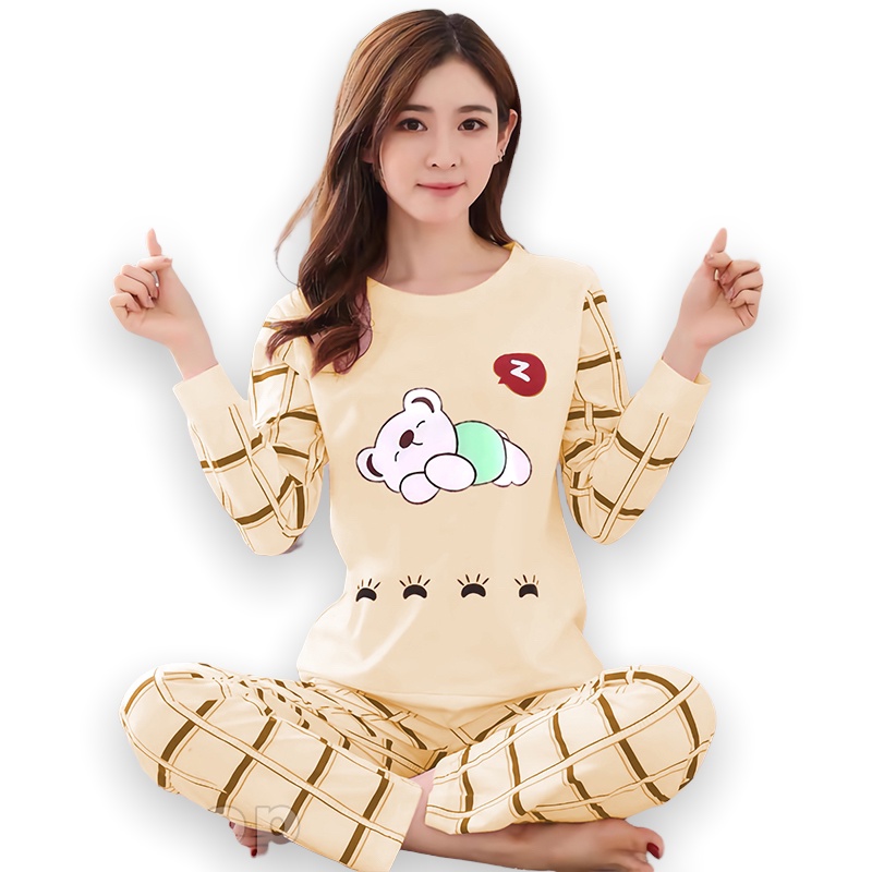 Lilipop.id  Baju Tidur Wanita Sleep Bear Celana Panjang PP Allsize Lengan Panjang Baby Doll Bahan Kaos Dewasa