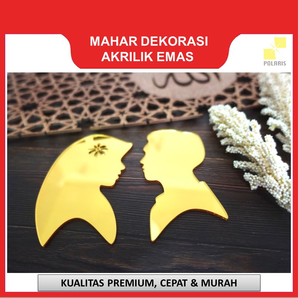 SILUET COUPLE MUSLIM AKRILIK EMAS KILAP MIRROR GOLD UNTUK DEKORASI MAHAR LASER CUTTING