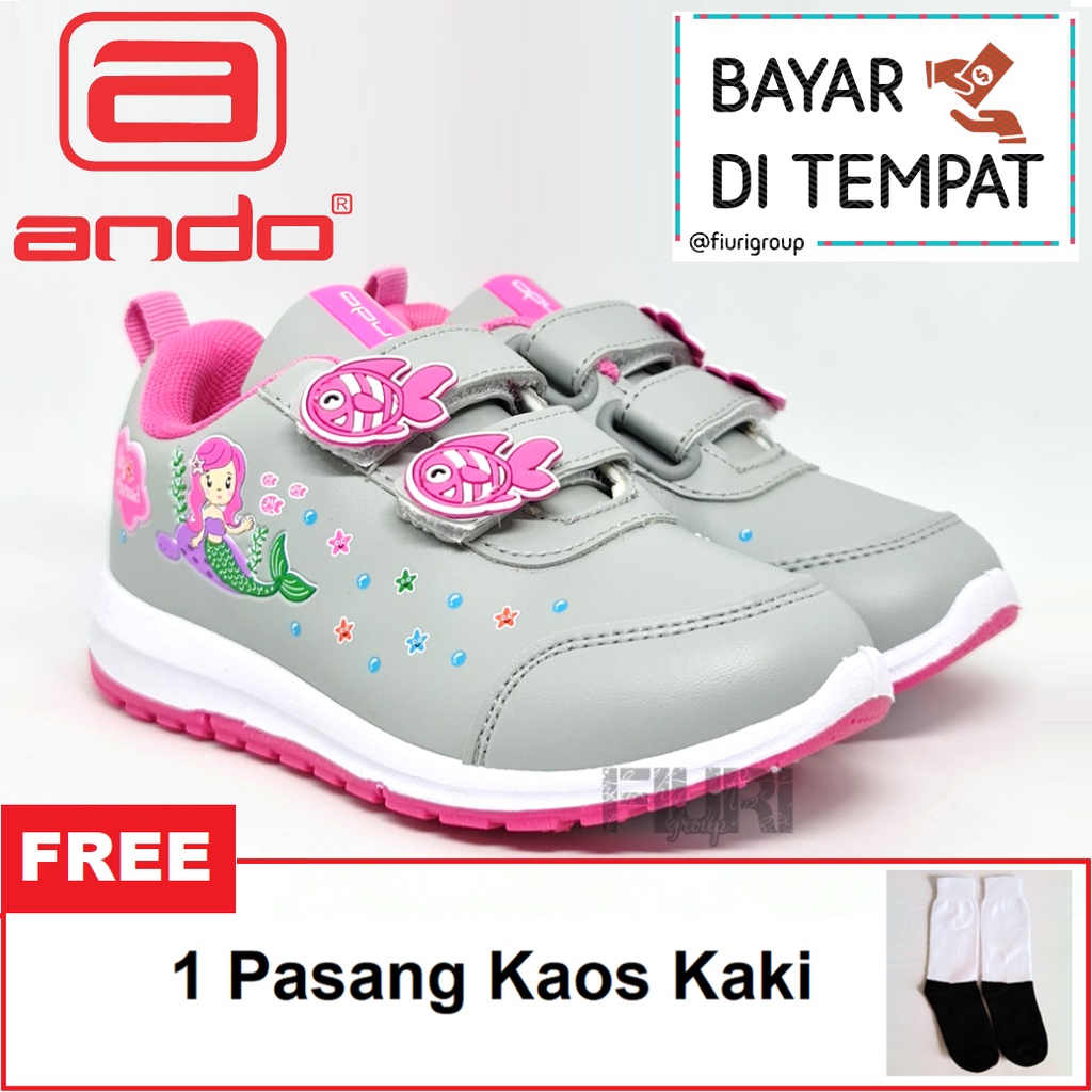 FIURI - ANDO ORIGINAL -  LILY MERMAID PEREKAT 29-32 ABU-ABU PINK - SEPATU SNEAKERS KANVAS SOL KARET ANAK KECIL PEREMPUAN  - SEPATU PUTRI DUYUNG KETS LUCU FASHION TRENDY - SEPATU SEKOLAH PAUD TK KRETEKAN PEREKAT CEWEK MURAH PROMO DISKON BONUS KAOS KAKI