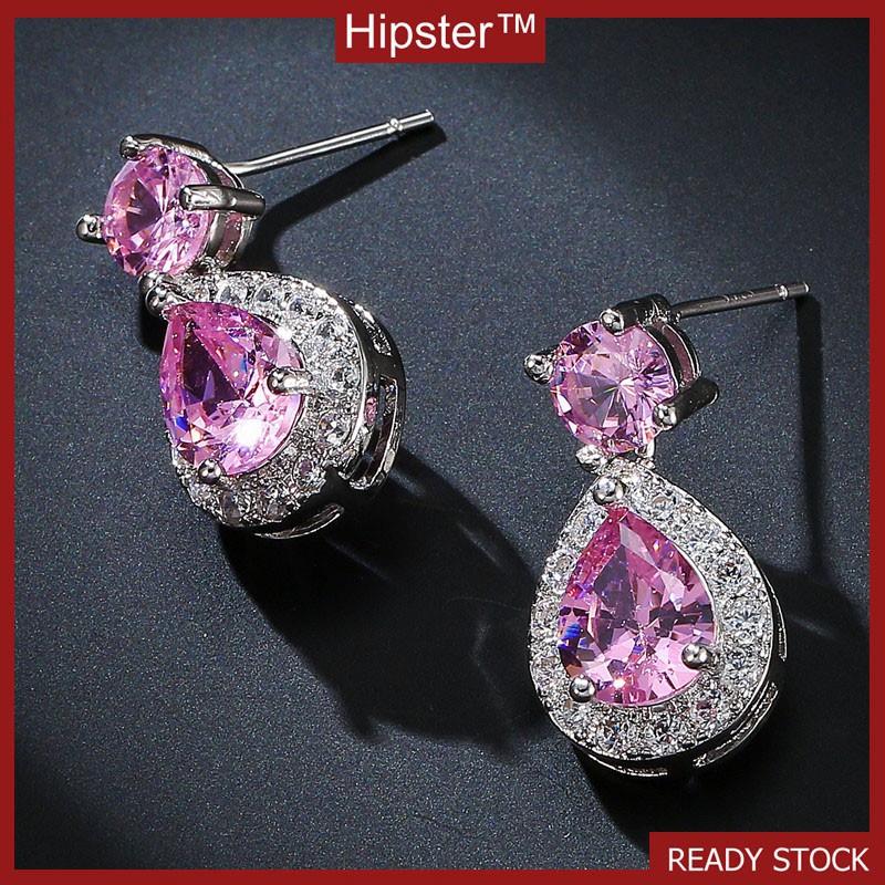 Fashion Diamond Stud Anting-Anting Merah Muda Kristal Telinga Perhiasan