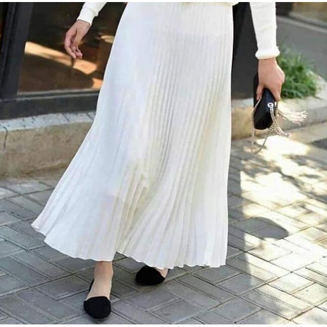 SUPER Rok plisket panjang jumbo /Rok Rempel Kerja muslim wanita/Rok murah - PUTIH TULANG