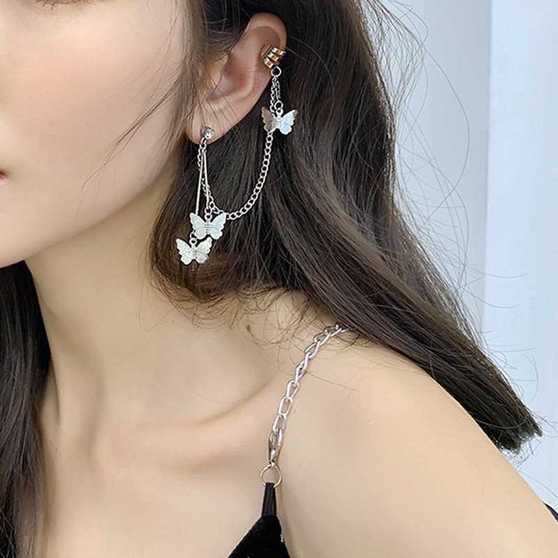 Butterfly Anting Kait Klip Telinga Model Kupu-Kupu Rantai Gabungan Untuk Wanita