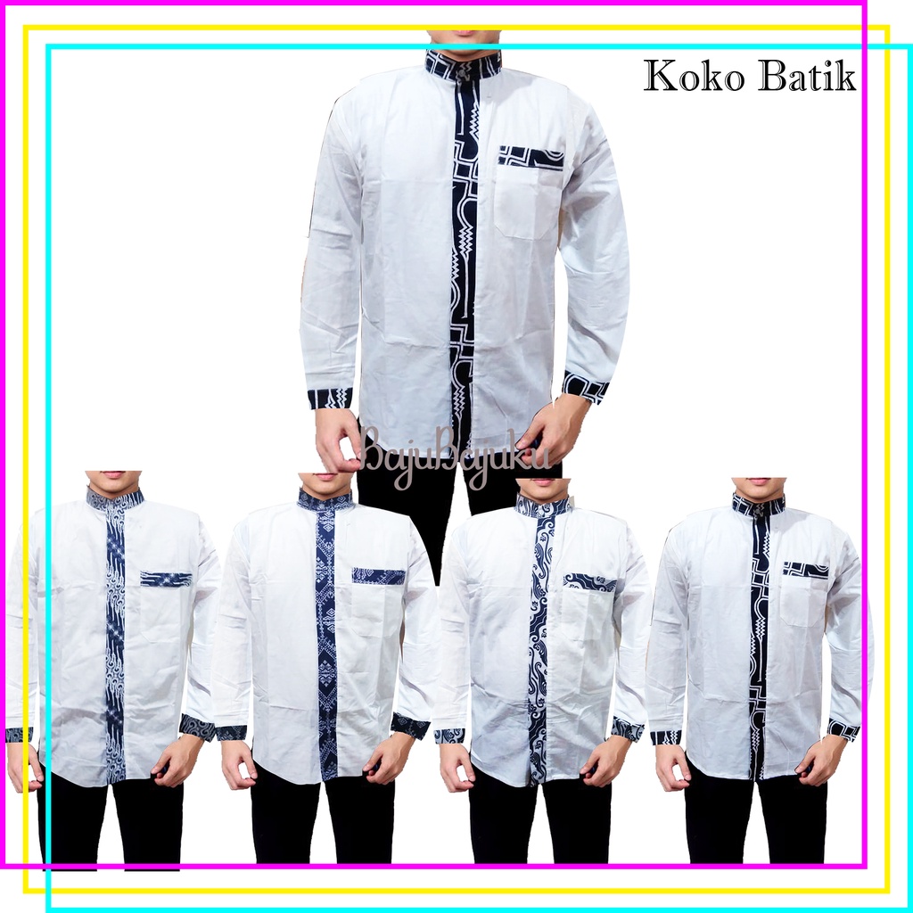 Koko Pria Dewasa Motif Batik Lengan Panjang - Baju Kemeja Pria Putih - Hem Muslim (Motif Random)