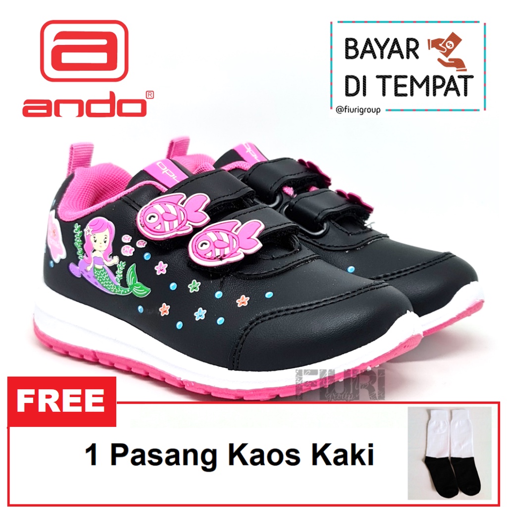 FIURI - ANDO ORIGINAL -  LILY MERMAID PEREKAT 29-32 HITAM PINK - SEPATU SNEAKERS KANVAS SOL KARET ANAK KECIL PEREMPUAN  - SEPATU PUTRI DUYUNG KETS LUCU FASHION TRENDY - SEPATU SEKOLAH PAUD TK KRETEKAN PEREKAT CEWEK MURAH PROMO DISKON BONUS KAOS KAKI