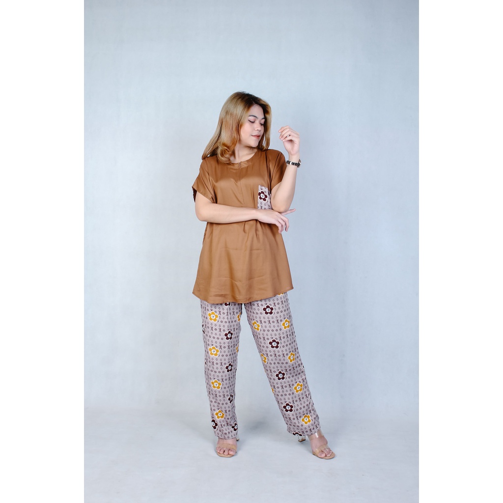 Setelan Piyama Babydoll Lengan Pendek Kekinian Baju Tidur One Set Rayon Premium Wanita Dewasa Busui-LV Flower Choco