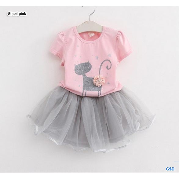 St cat/setelan baju dan rok tutu/fashion baju anak perempuan lucu/atasan baju motif kucing murah