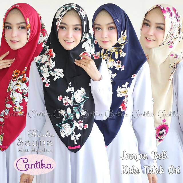 Hujab jilbab cantika ori original sauna monalisa hoodie hudi bergo pet bunga motif