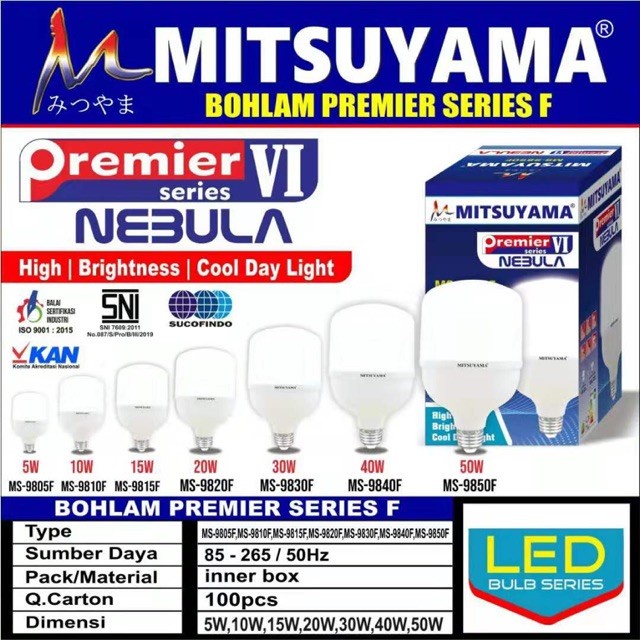 Lampu Bolam LED 50 Watt Mitsuyama Nebula MS-9850F Cahaya Putih SNI Original