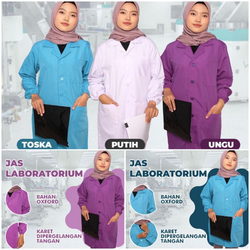 Jas laboratorium lengan panjang pria dan wanita jas lab unisex warna putih ungu dan biru