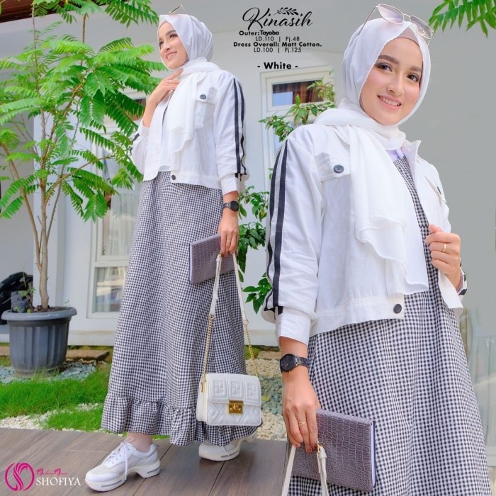Gamis Overall Set Jaket Crop Kinasih Oneset Fashion Muslim Ori Shofiya - White