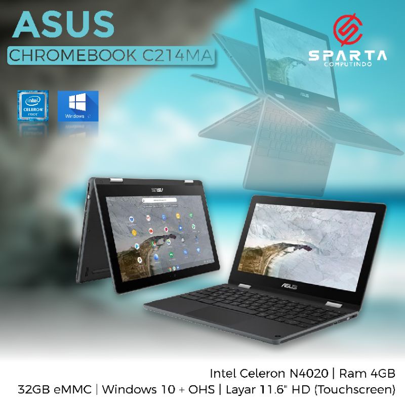 Laptop Asus Chromebook C214MA Intel Celeron Ram 4 GB eMMC 32 GB Touch Screen Murah Garansi Resmi New