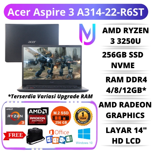 LAPTOP GAMING MURAH Acer Aspire 3 A314-22-R6ST RYZEN 3 | Ram 12GB | 256GB SSD | 14" HD | AMD Radeon 