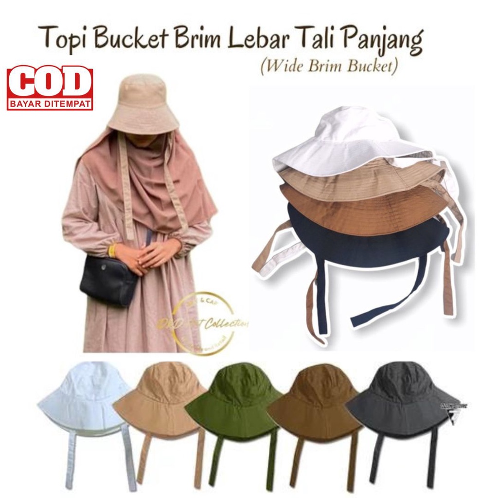 Topi Wide Bucket Hat Pantai Polos Tali Bahan Drill Ala Selebgram