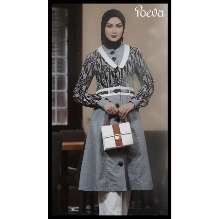 Poeva PV-0322010 MELLIFLUOUS Tunik Batik Elegan By Tuneeca Diskon Sale Promo Short Dress Hitam Abu