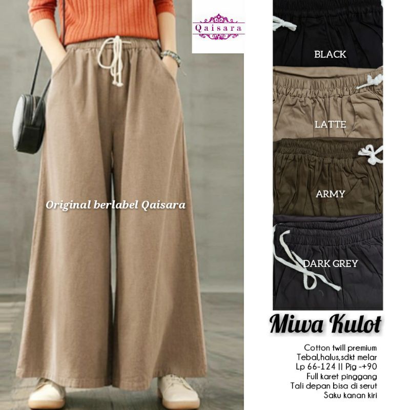 Miwa Kulot Hitam Latte Katun Tebal Basic Palazo Jumbo M-XXL Celana Panjang Baggy Pants by Qaisara
