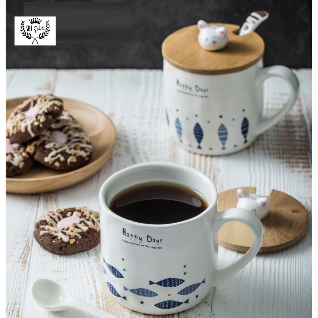Cangkir Keramik Cats Happy Day Gift Set Ceramic Mug 380 ml dgn sendok