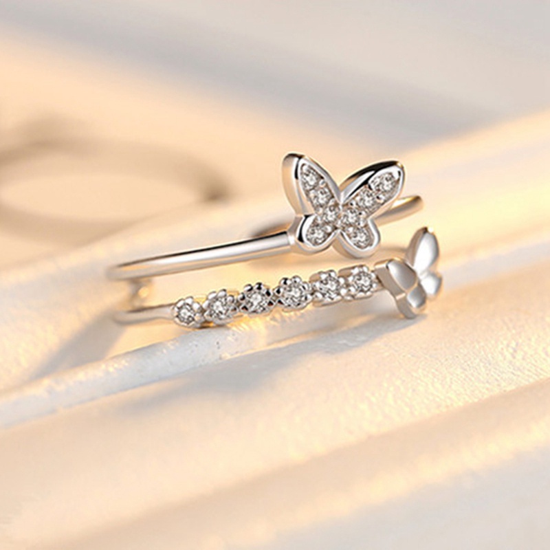 Fancyqube Cincin Model Double Butterfly Aksen Kristal Dan Berlian Imitasi Untuk Wanita