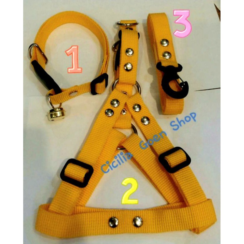 1 set Kalung lonceng + harness badan+ tali tuntun 2cm untuk anjing kucing