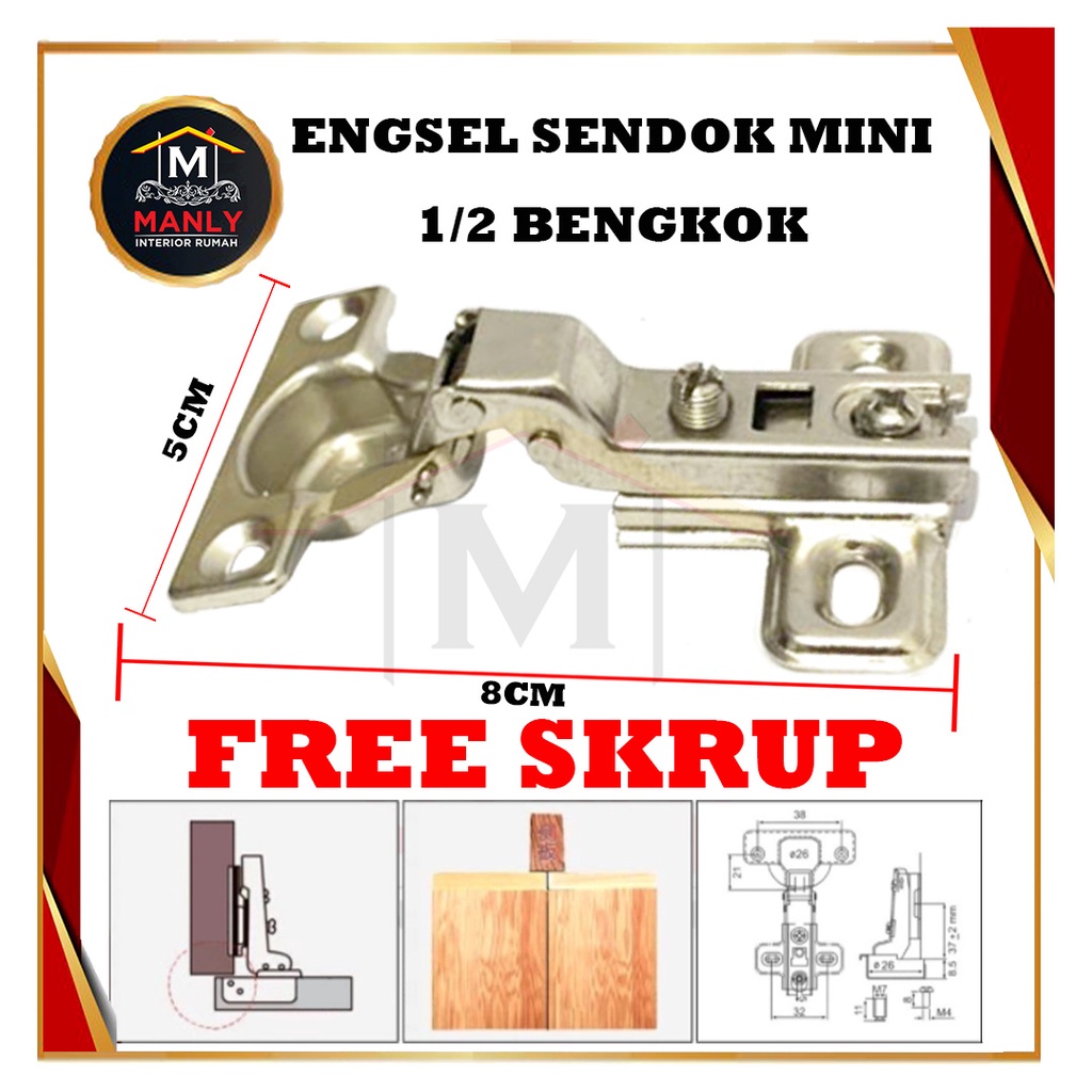 Engsel Sendok Mini 26 mm isi (1 pcs) / Engsel Pintu Lemari Kecil.. Free Skrup