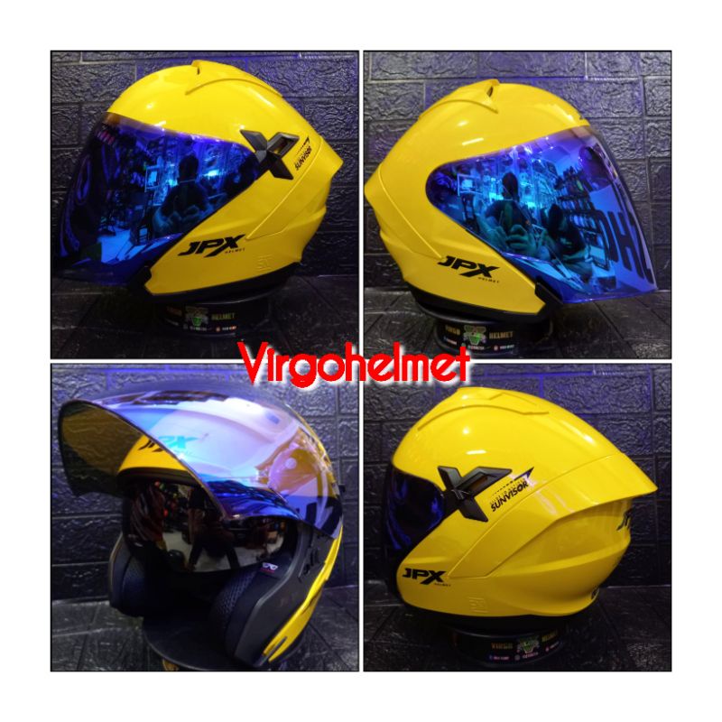 HELM JPX NOVA X SOLID YELLOW LEMON BLACK GLOSSY  VISOR IRIDIUM BLUE(Ongkir termurah 2 kg)