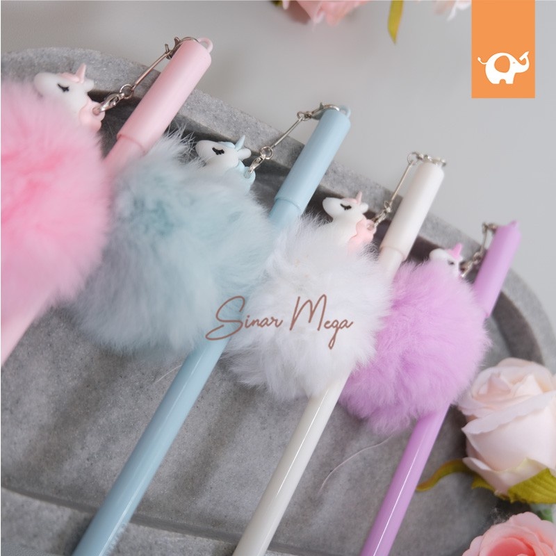Fancy Gel Pen Unicorn Pom Pom Bulu New Colour / Pulpen Pena Karakter Unicorn Lucu Unik Murah-1