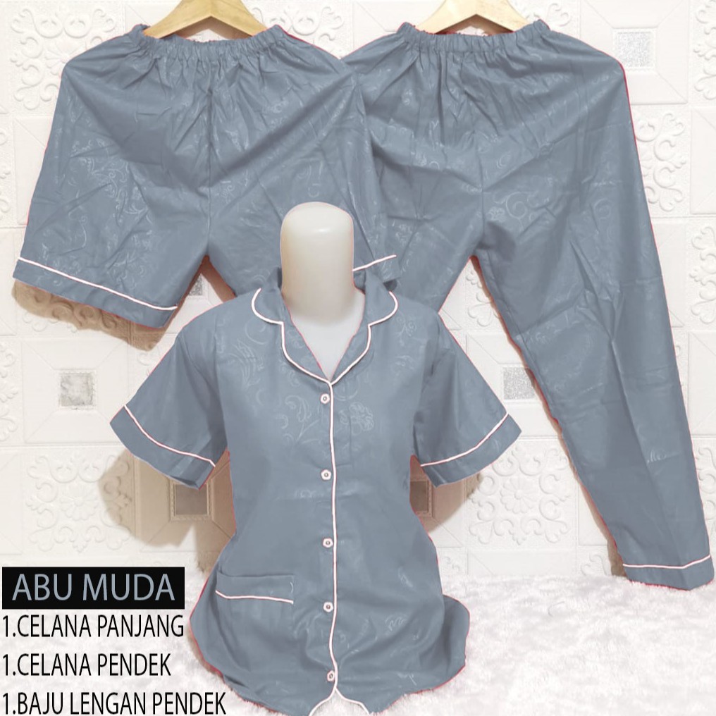 ISANNY PIYAMA SET 3IN1 SIZE XXL/SATIN EMBOSS 3IN1 JUMBO/BAJU TIDUR DEWASA/READY STOCK-ABU SEDANG
