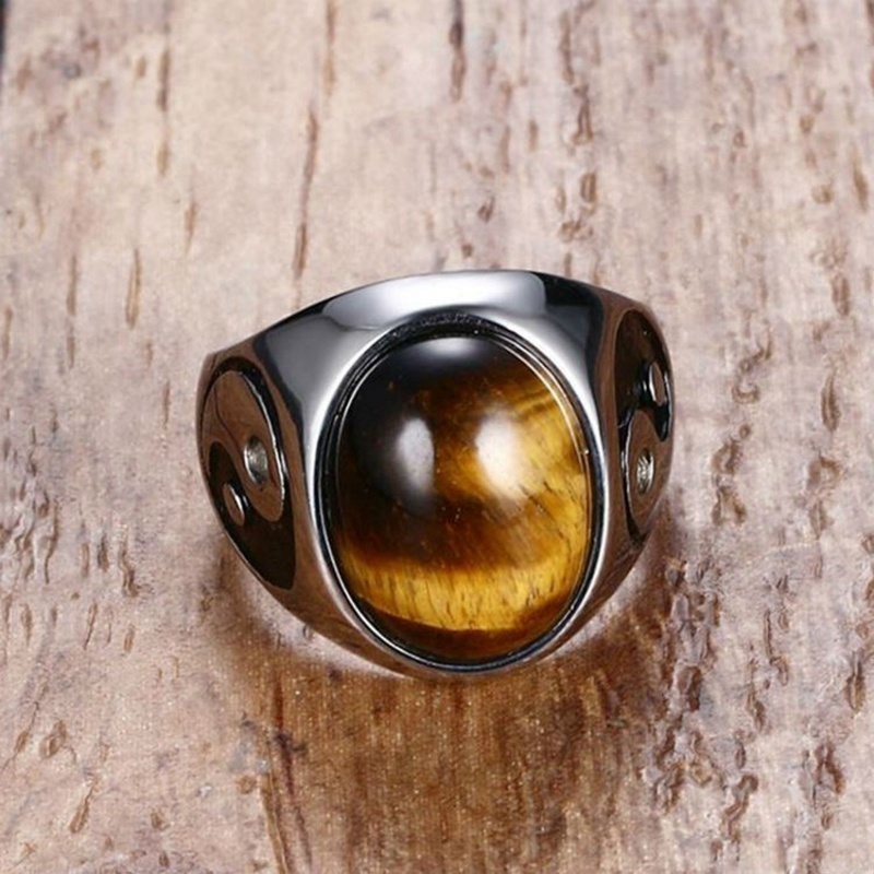 Cincin Batu Permata Oval Simbol Yin Yang Gaya Retro Untuk Pria