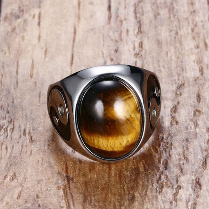 Cincin Batu Permata Oval Simbol Yin Yang Gaya Retro Untuk Pria