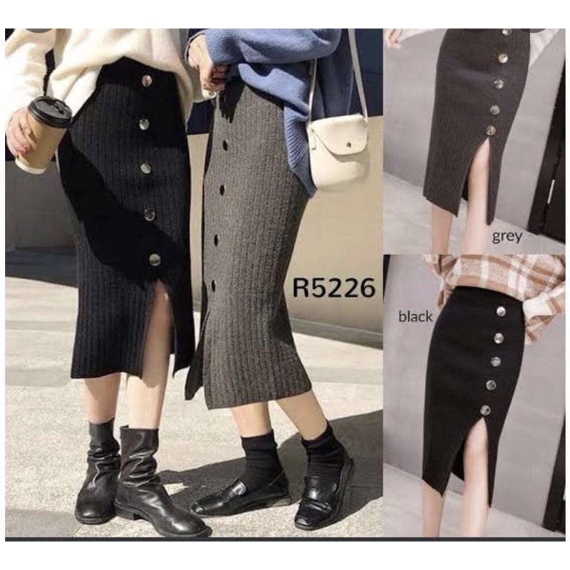 ROK RAJUT MIDI SKIRT/BAWAHAN WANITA BELAH PINGGIR PAKE KANCING/PANJANG 75 CM