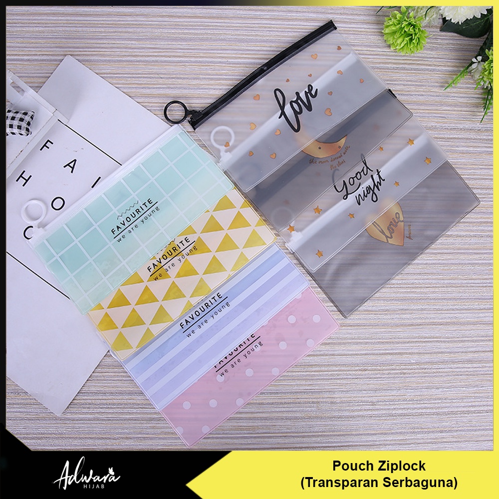 Tempat Penyimpanan Transparan Serbaguna / Pouch Ziplock Kosmetik / Tempat Pensil Serbaguna Motif