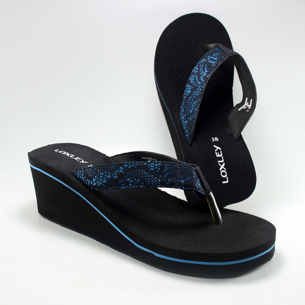 Sandal Wedges Wanita Loxley renda hitam - biru