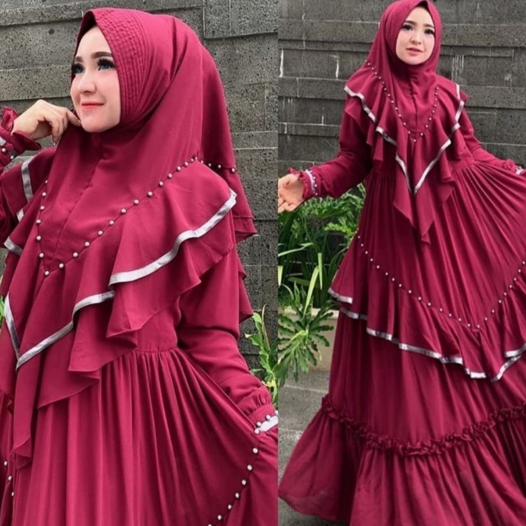 PROMO TERMURAH  - Duvenci Syari Gamis Set Khimar Muslim Wanita Premium-Marun