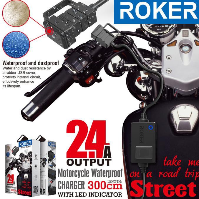 Charger Motor ROKER STREET 2.4A Waterproof Casan HP Aki Motor LED Ligh TERLENGKAP