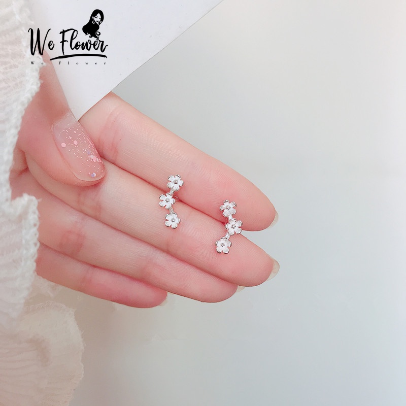 We Flower S925 Silver Sweet Three-flower Sakura Floral Stud Earrings for Girls Korean Ear Jewelry