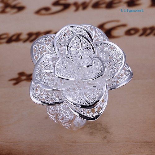 Ls Cincin Lapis Silver Model Terbuka Bentuk Bunga Hollow Elegan Untuk Wanita