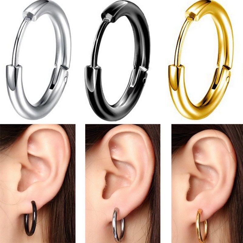 Anting Ring Hoop Bulat Pria Wanita Bahan Titanium Steel Fashion Korea 1 pasang