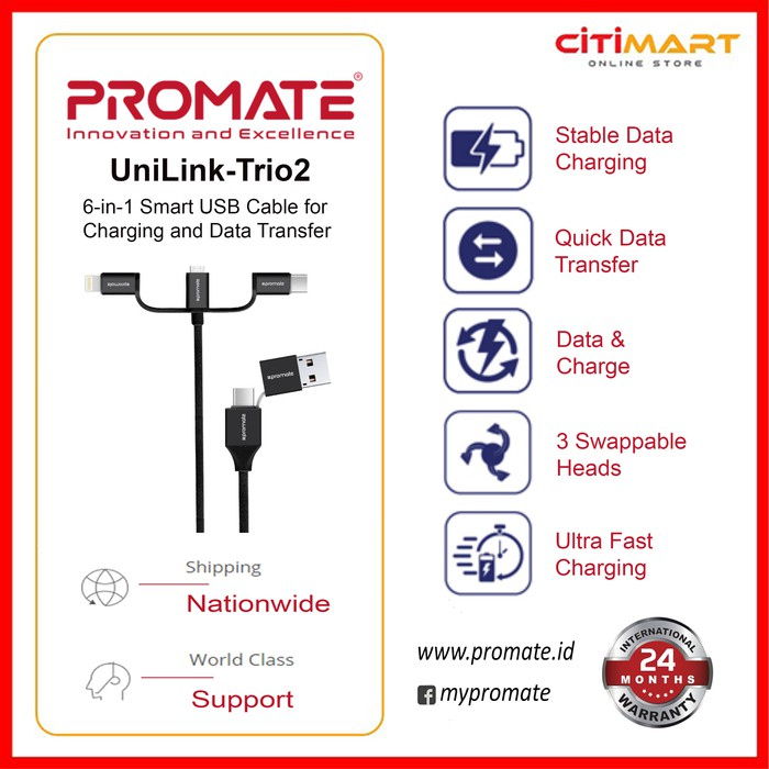 Promate UniLink-Trio2 6-in-1 Smart USB Cable for Charging