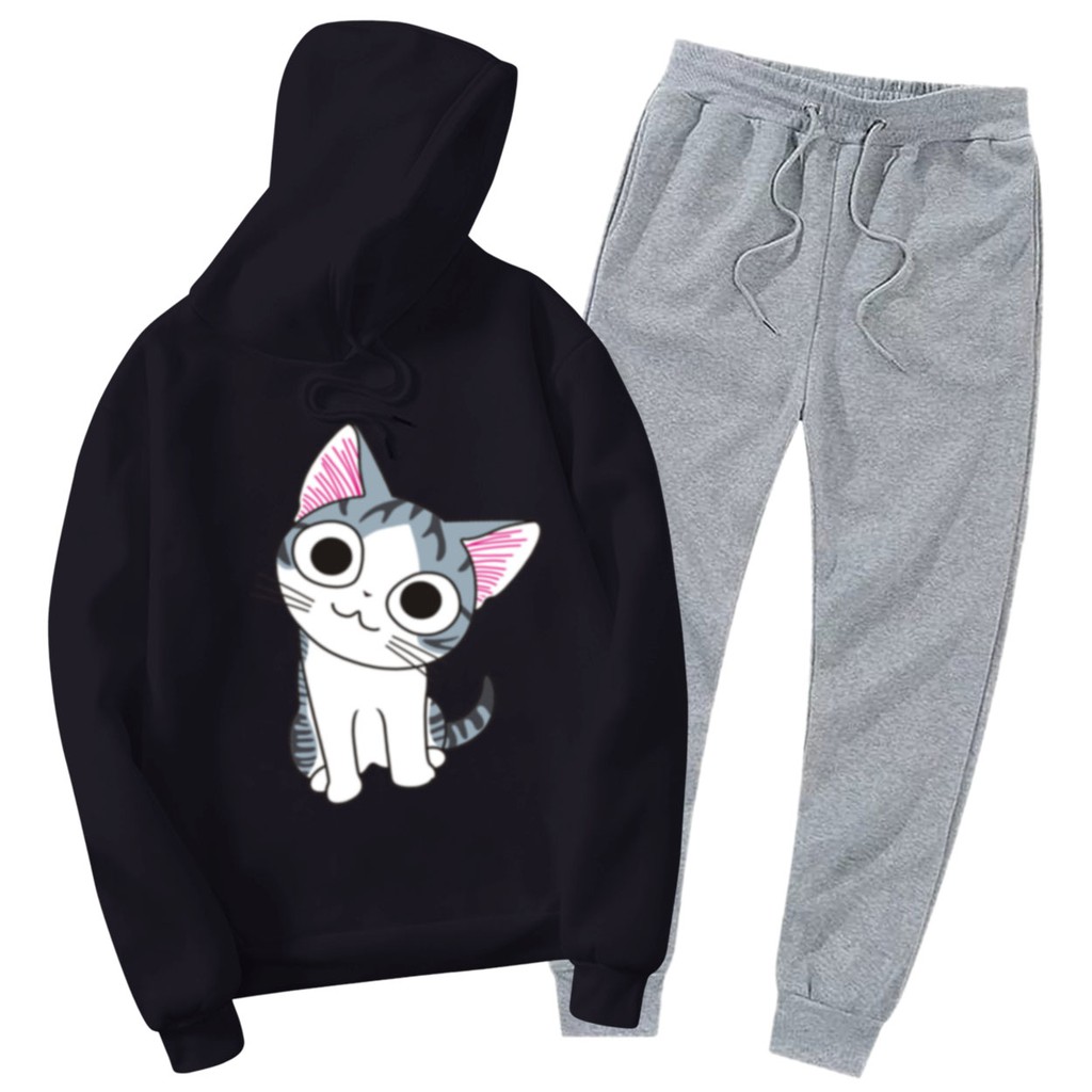 BESS - Setelan Hoodie Wanita Murah / Setelan Hoodie + Jogger Abu - KIKU CAT