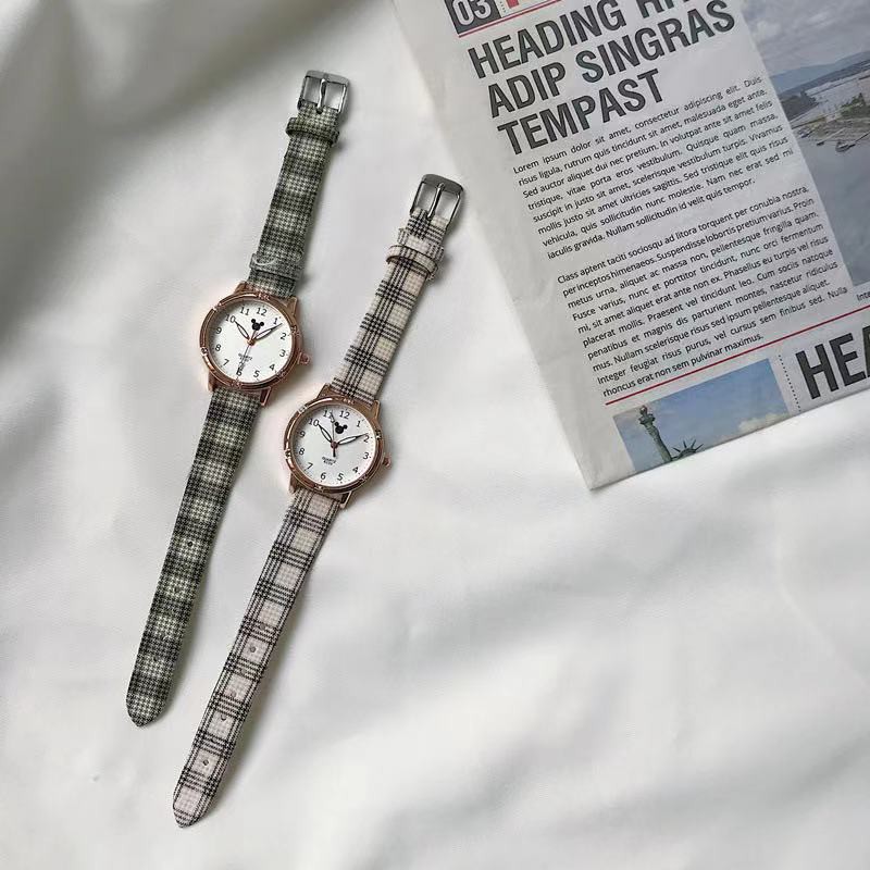 Jam Tangan Analog Wanita Strap Pu Kotak-Kotak Motif Mickey Gaya Korea Fashion Import