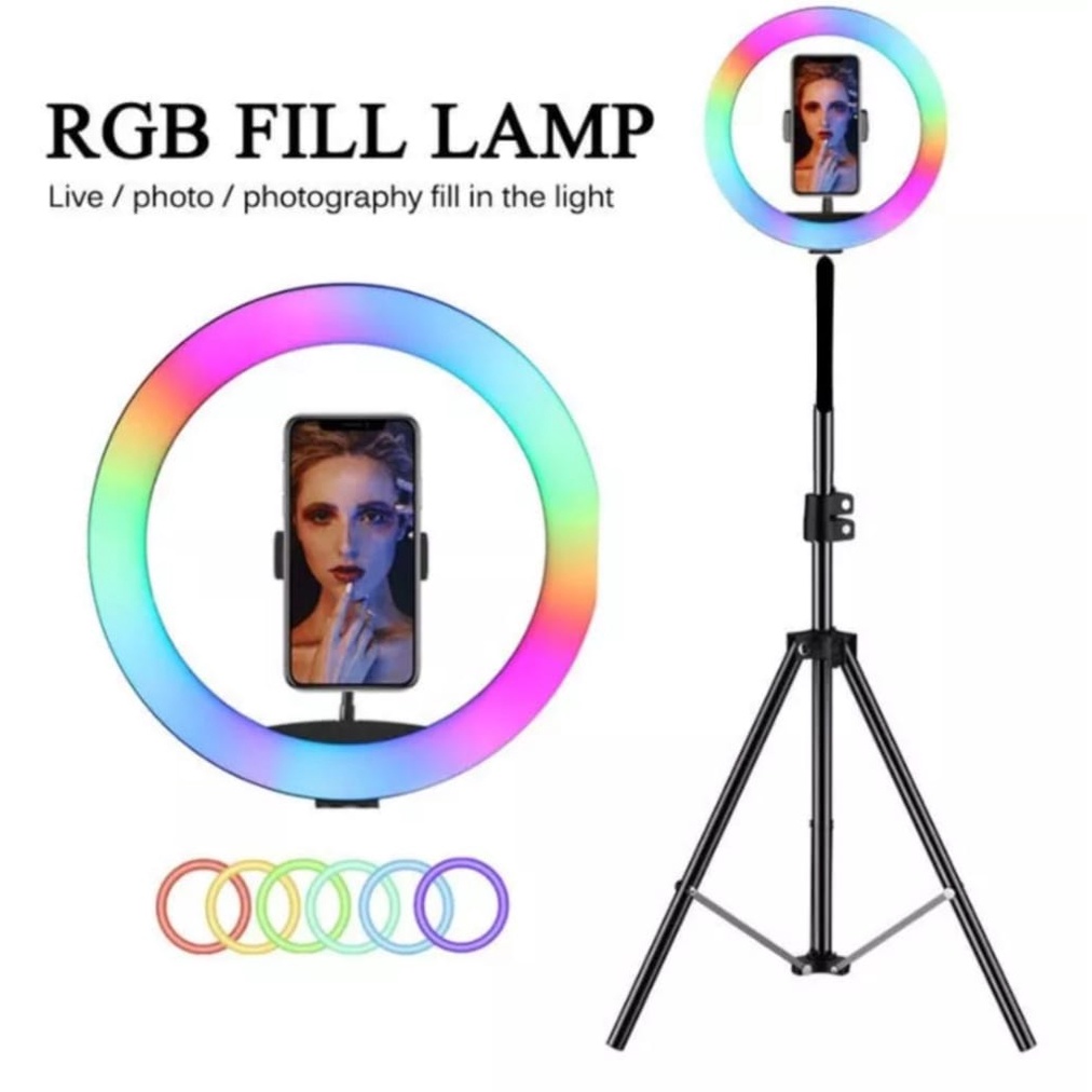 Ringlight 26cm Rainbow RGB Selfie Ring(PAKET KOMPLIT)+Tripod 2.1M+Holder-Satu Set Ring Light 26 cm Rainbow RGB-Ring Light Selfie HP &amp; Camera 1Set Lightning Photography TIik tok Livestreaming-Vlogger-Youtube