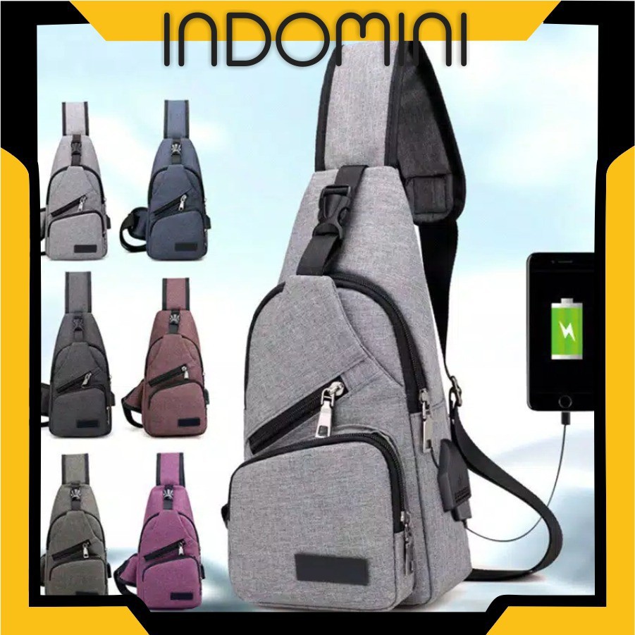 INDOMINI P005 Selempang Kanvas Pria Hp Tas Dada Usb Impor Sling Bag Usb Slempang Canvas COD
