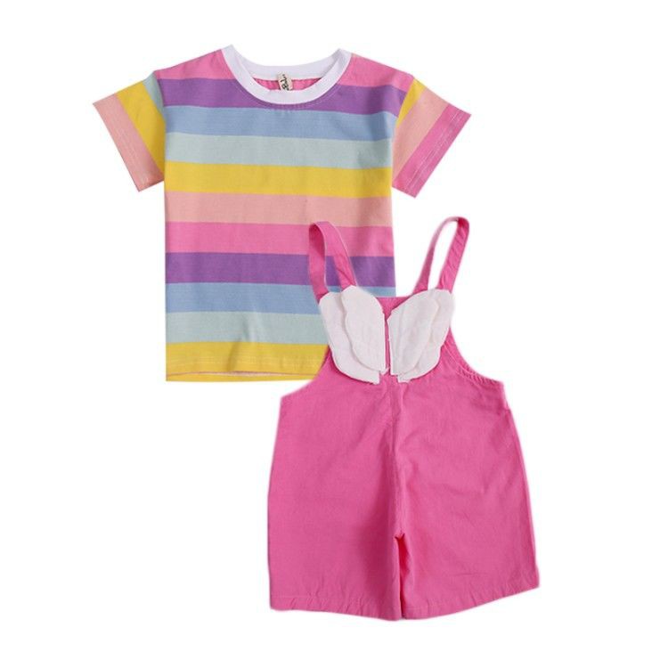 KF Cat Setelan anak perempuan jumpsuit+kaos garis garis lengan pendek sayap malaikat set anak cewek import-8
