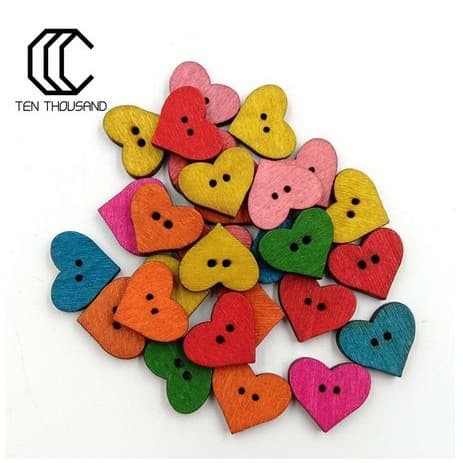 Kancing Kayu 2 Lubang - TEN THOUSAND Colorful Heart Shape (10pcs)