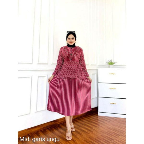 gamis wanita Midi dress rayon viscos motif salur pakaian wanita kekinian busui kancing warna biru kuning hijau ungu