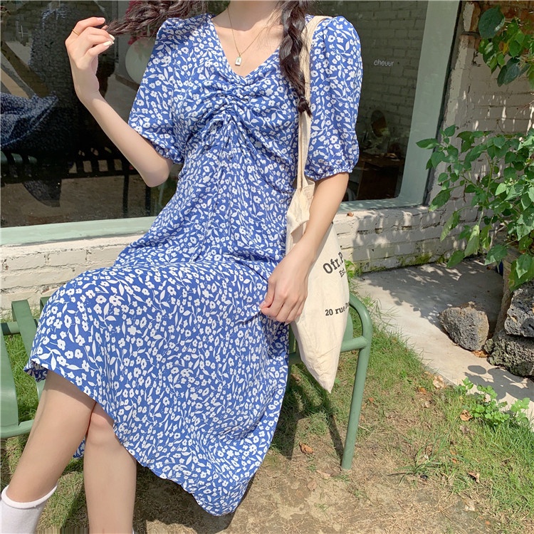 pakaian wanita korea COD 2022 New Fashion Korean Style daster kerut dada Black Blue Green Floral Short Sleeve Drawstring V Neck Midi dress wanita 2023 korea biru for Women Summer A-Line Casual tunik Dresses