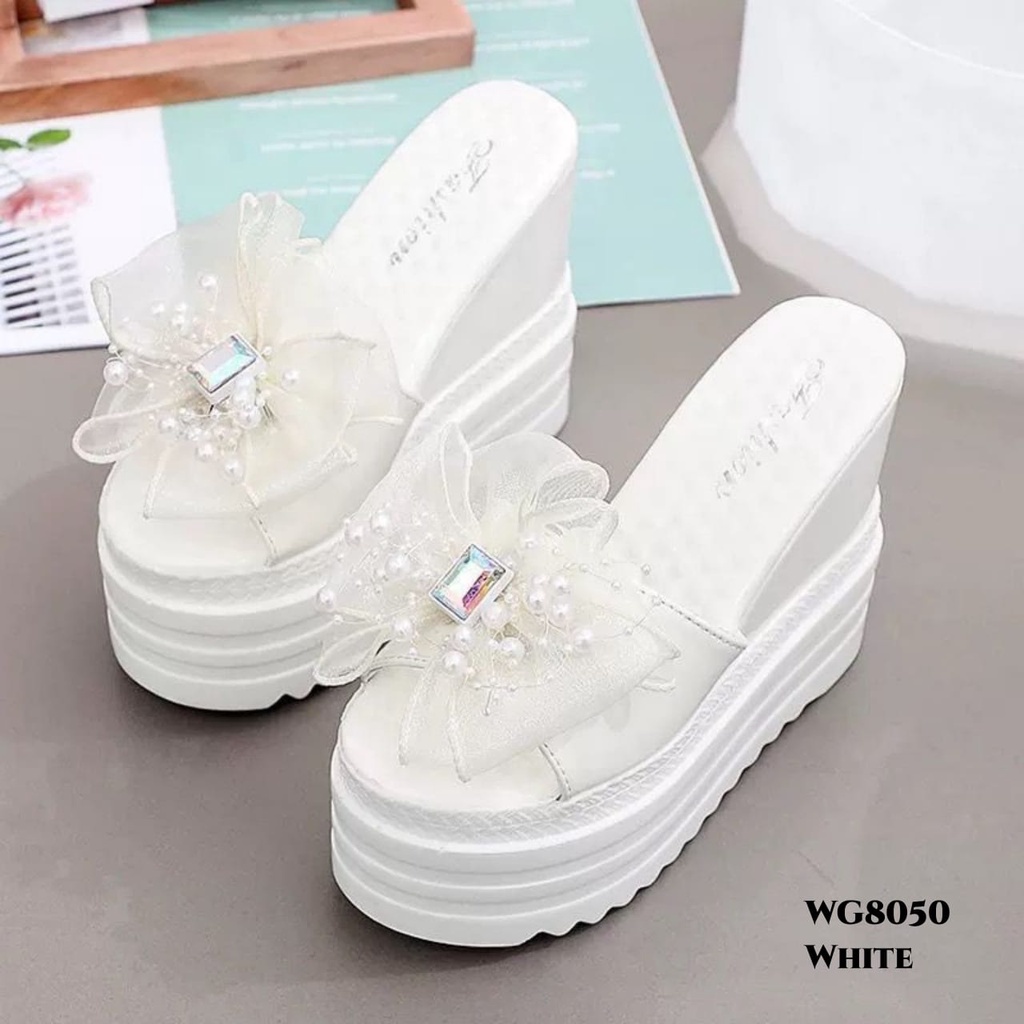 PRF Sandal Wedges Ribbon Highsole Diamond &amp; Pearl Korea Shoes WG8050