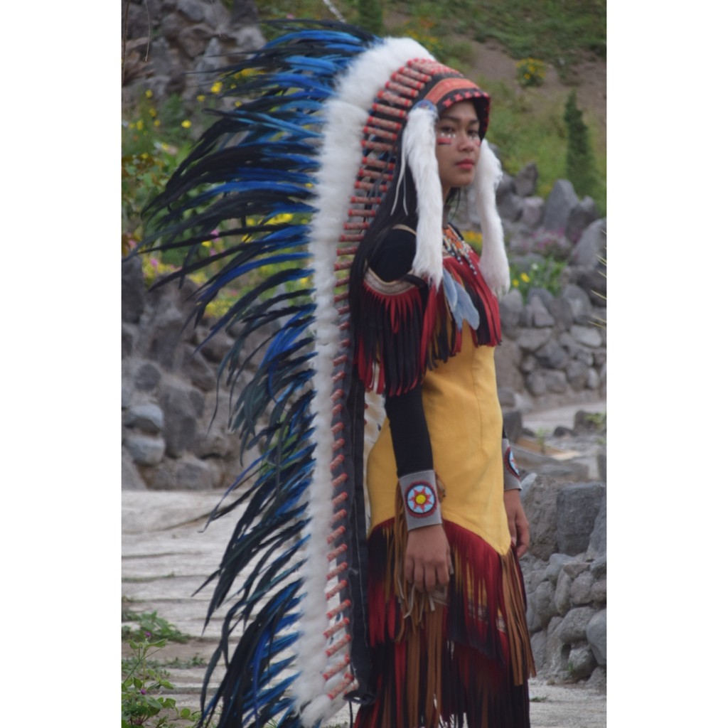 TOPI INDIAN - INDIAN HEADDRESS LONG AYAM BILABONG BIRU FUR PUTIH