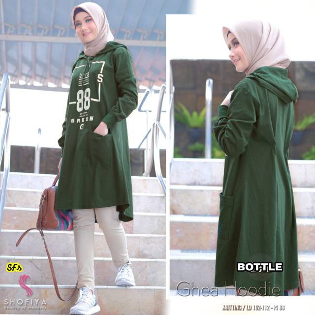 PAKAIAN WANITA TUNIK STYLE KEKINIAN BARU / Tunik Ghea Hoodie Muslim Kantong Depan Hijau Botol