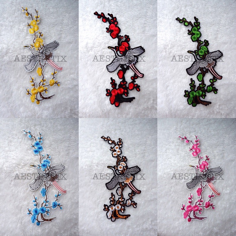 Bordir Sakura Phoenix Bird Iron Patch Bordir Renda Aplikasi Burung Bunga Plum Embroidery EHG011